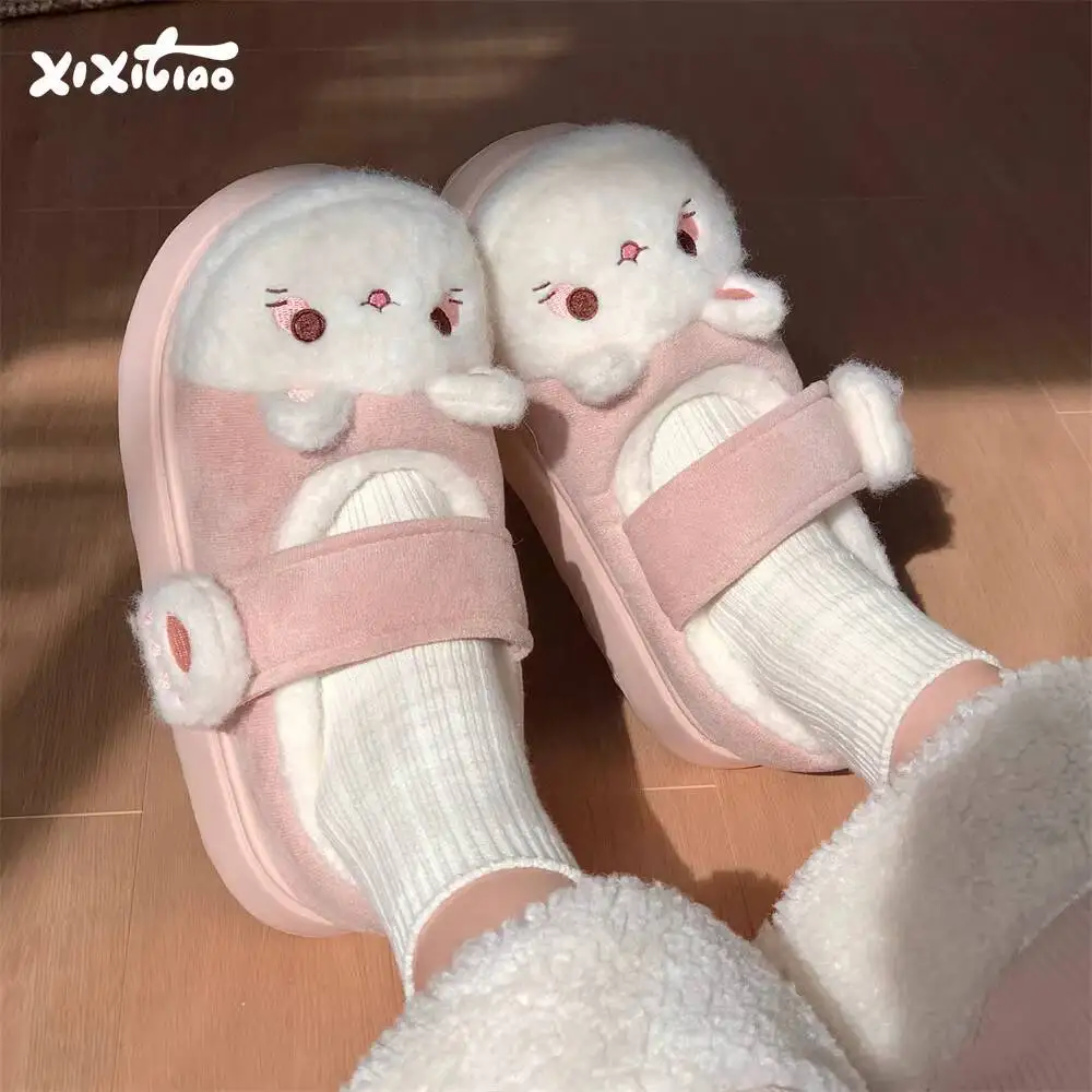 Winter Home Slippers Soft Cute Cat Themed Indoor Household Slippers Cotton Shoes Magic Tape Thick Sole Slippers