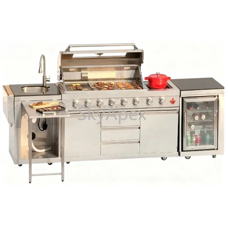 

Modular Outdoor Kitchen with Kamado BBQ Grill Mini Steel Sink & Drawers Gas Charcoal Fuel High Quality Indoor Folding Feature