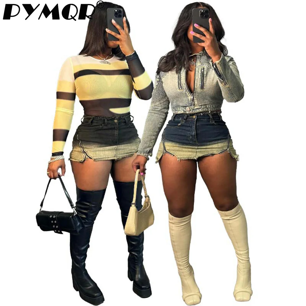 

PYMQR New Washed Retro Denim Short Skirt Jeans Patchwork Zipper Stretch 2024 Summer Y2K Club Party Streetwear Trousers