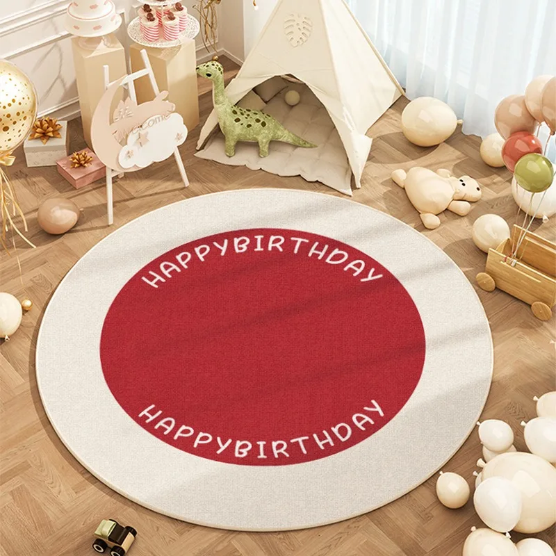 Happy Birthday Round Rug Red White Party Carpet with Balloons Decor Non-Slip Floor Mat for Kids Nursery Birthday Celebration