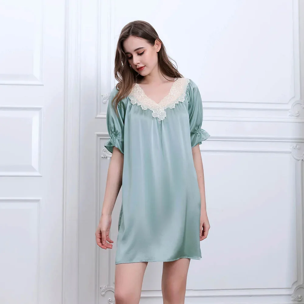 

100% Natural Silk Sexy Camisole Mini Dress Short Sleeve Nightdress Lingerie Chemise Solid Sleepwear Lace V Neck Nightgown Pyjama
