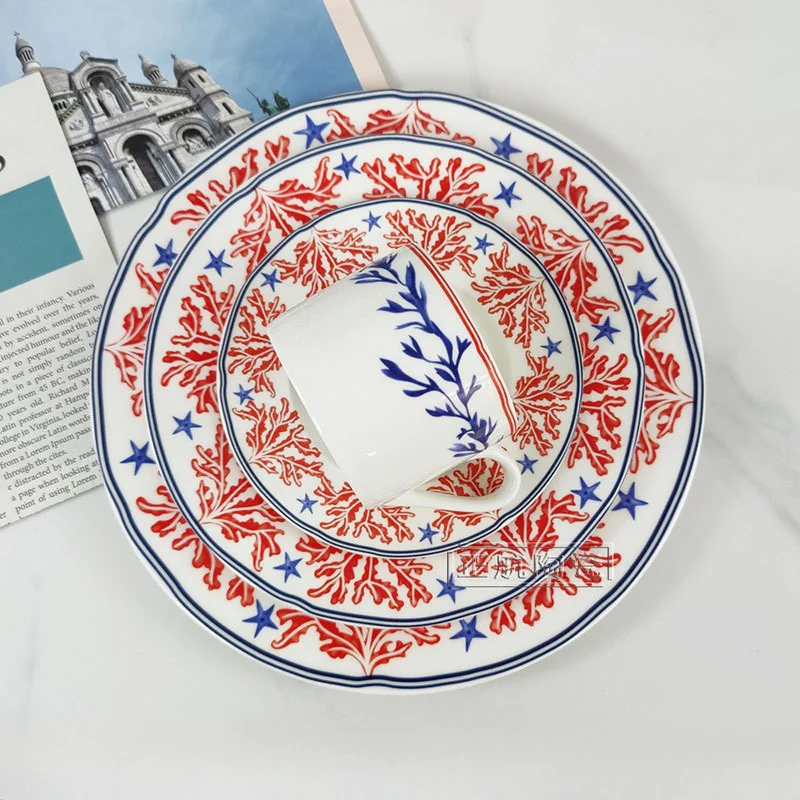 

4-Piece European Red Coral Steak Plate Ceramic Good-looking French Tableware Household Hotel Dish Dinner Plate Ceramic