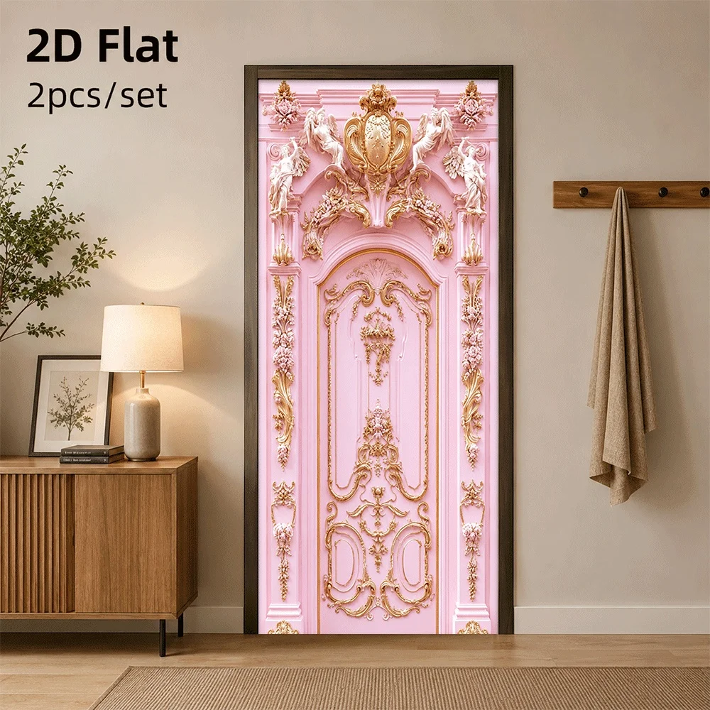 1 piece of French court air door sticker with pink background, paired with gold carvings and angels, suitable for bedroom, livin