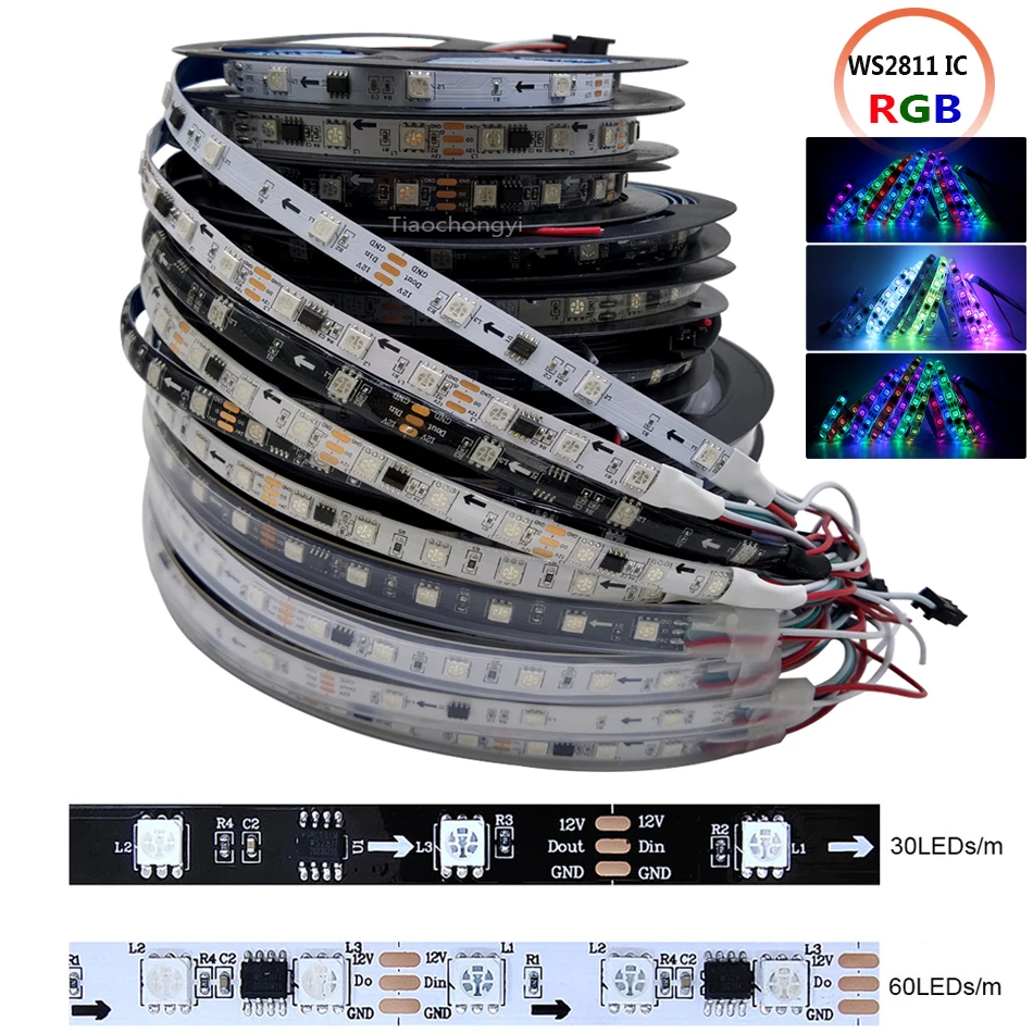 

WS2811 красный зелёный синий Φ Strip 5050 SMD, Адресуемая 30 60 светодиодов/м, внешняя 1 интегральная схема управления, 3 светодиода, яркая стандартная лампа дневного света 12 В постоянного тока