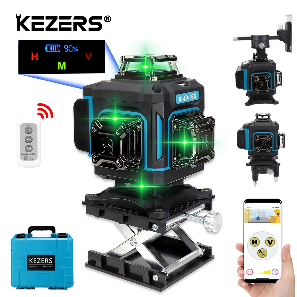 kezers controle remoto nivel laser verde 16 linhas display 4d kl4d03g auto nivelamento 360 4000mah bateria li ion 1pc 01