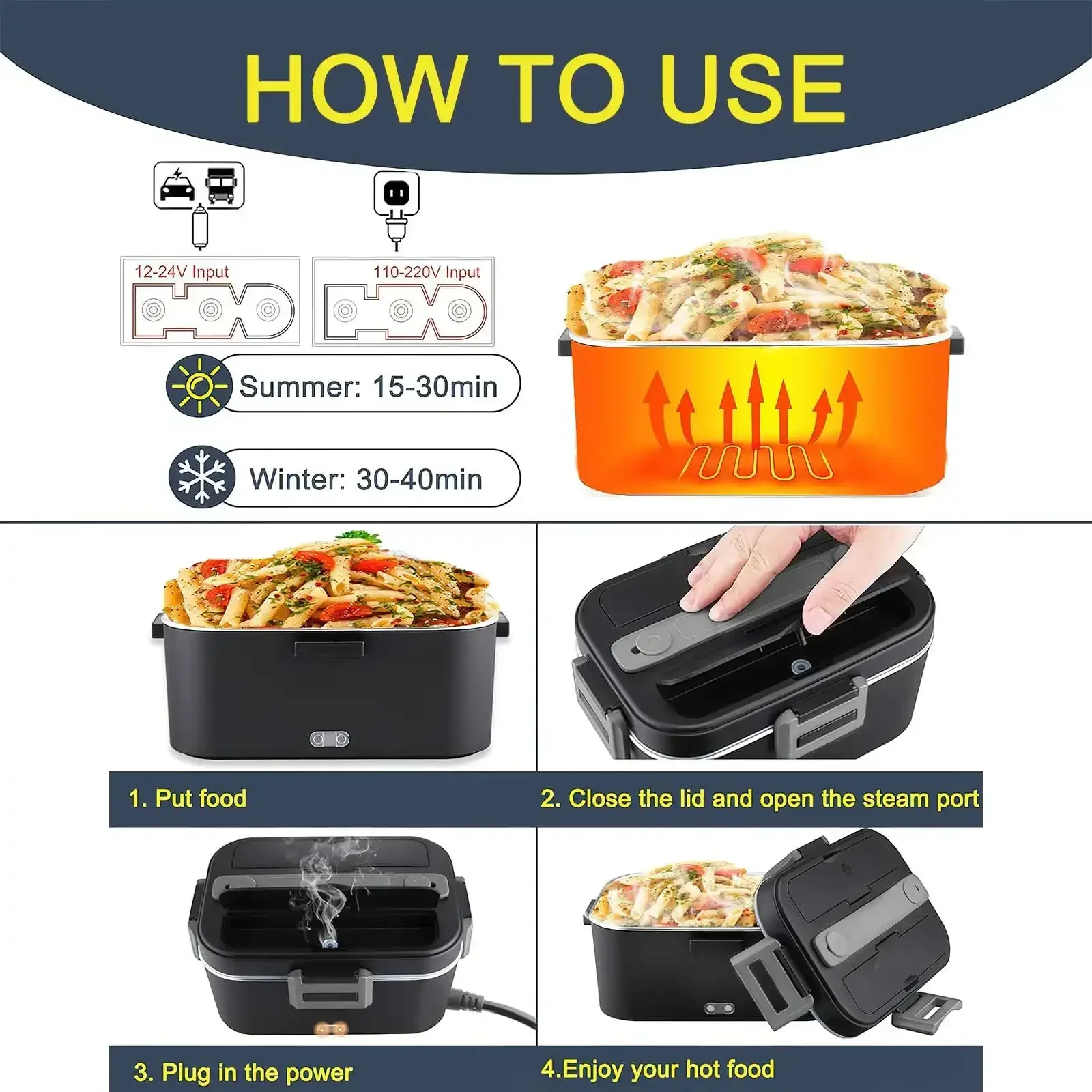 Electric heated lunch box 75W stainless steel detachable 1.8 L heating bowl 12V/24V/220V, car/truck/office dining box