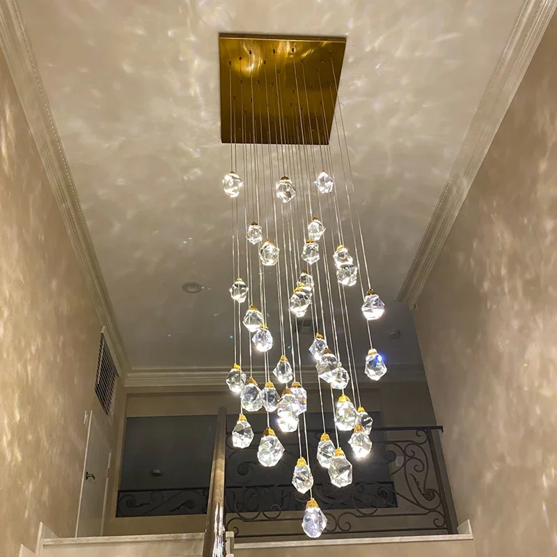 Long diamond crystal ball chandelier for staircase luxury living room led cristal lamp modern home decor gold led light fixture