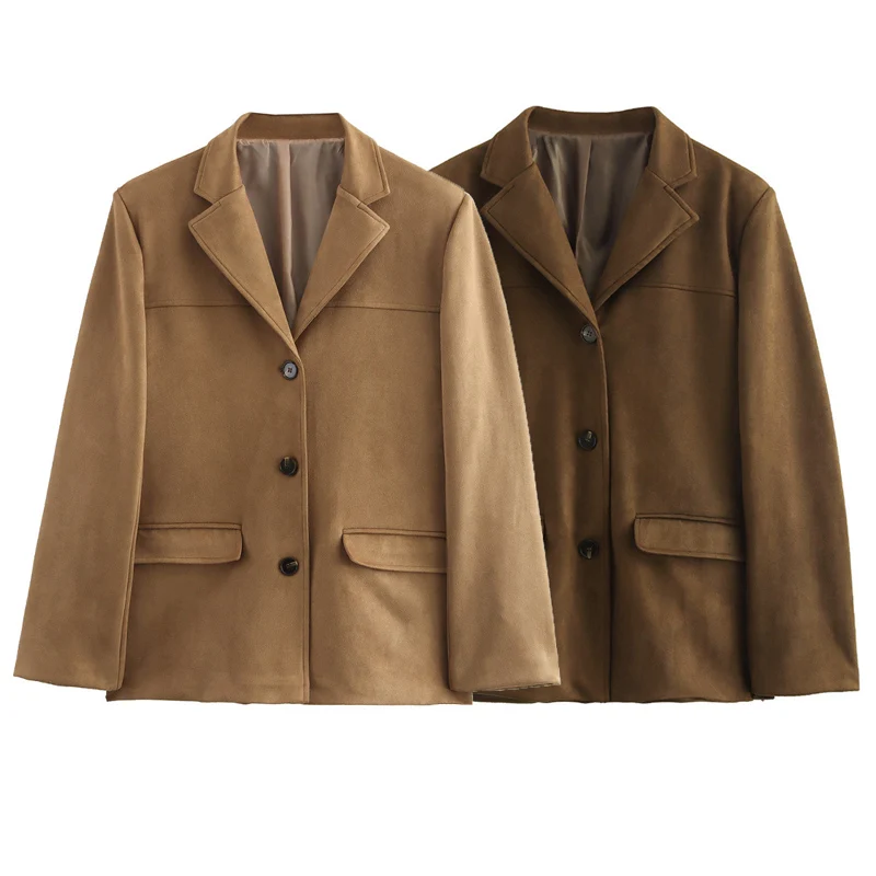 HXAO 2025 Women's Blazer Suede Jacket Outerwears Spring Brown Fitted Long Sleeve Blazer Vintage Solid Coat High Quality Blazers