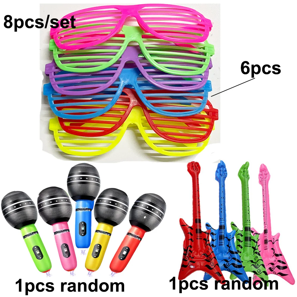 8 Pcs Disco Birthday Decoration Inflatable Microphone Saxophone Neon Color Shutter Glasses 80s 90s Party Adults Teens Favors view 6