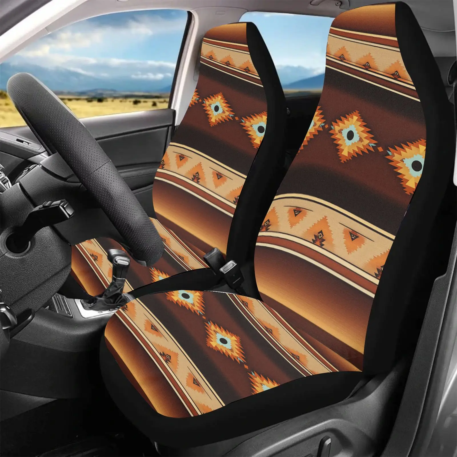 Car Seat Covers Brown Tribal Pattern With Geometric Design | Non- Polyester Fabric, Universal Fit For Vehicle Interior Decoratio