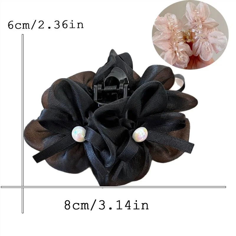 pearl Mesh Double Flower Hair Clip for Woman Sweet Pearl Bow Shark Clip Fashionable Girl's Back Head Hair Clamp