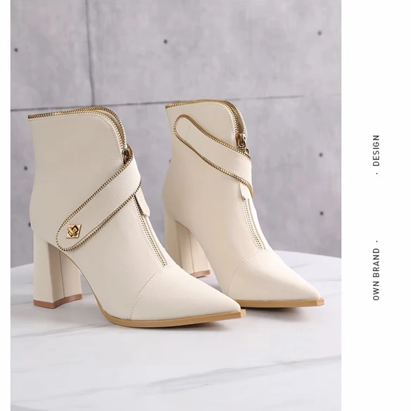 أحذية السيدات في الربيع والخريف عصرية وأنيقة، مع كعب مربع مدبب وكعب بسحاب للخروج من أجل أ #6