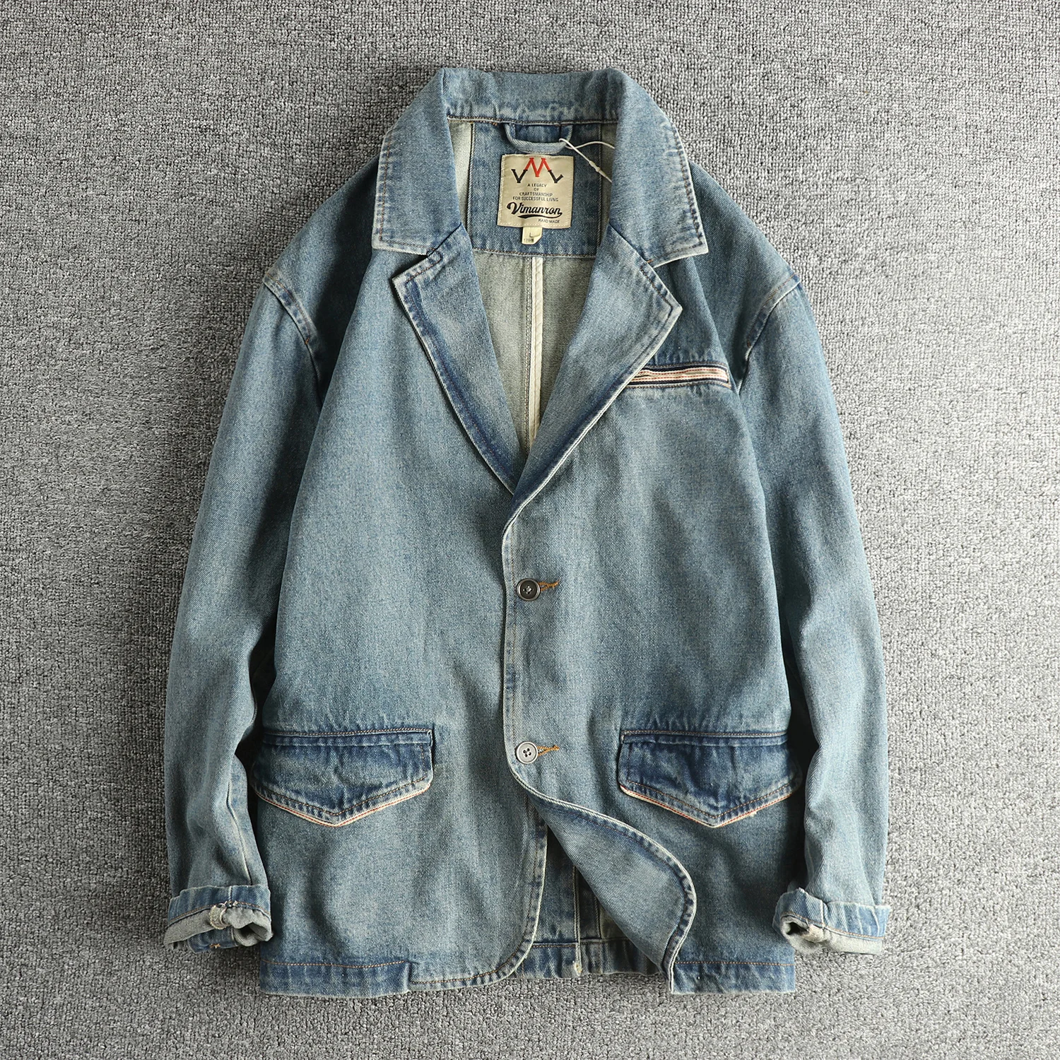 Retro American Wilderness Washed Men's Denim Jacket Collared Design Trendy Versatile Youth Outerwear Cotton 100% Long Sleeve