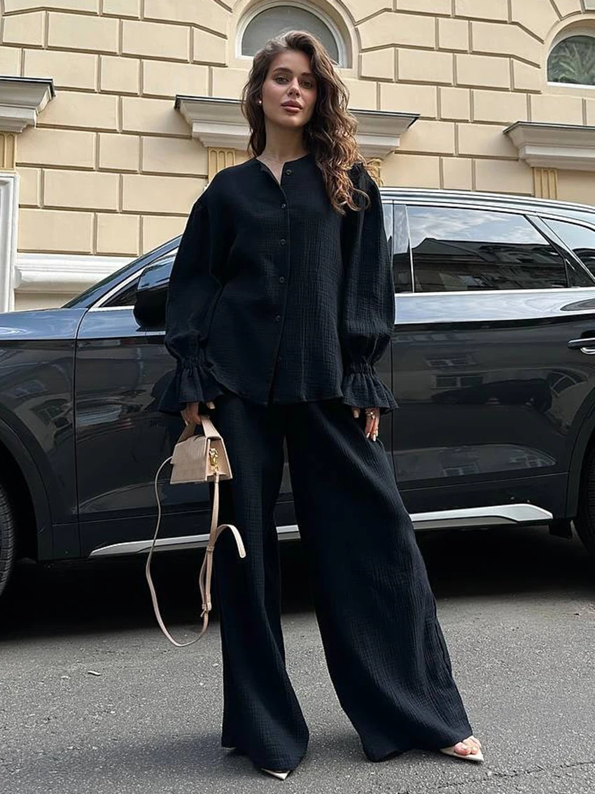 

Marthaqiqi Casual Female Pajama Set Long Sleeve Sleepwear O-Neck Nightgowns Pants Cotton Loose Autumn Women Nightie 2 Piece Suit