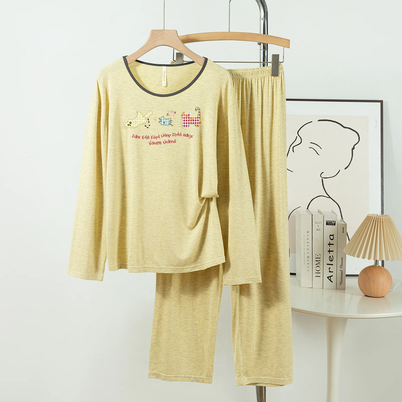 

5181-50 Casual and Comfortable Modal Cotton Pajamas for Women, New Spring and Autumn Long-Sleeved Long Pants Solid Color Casual