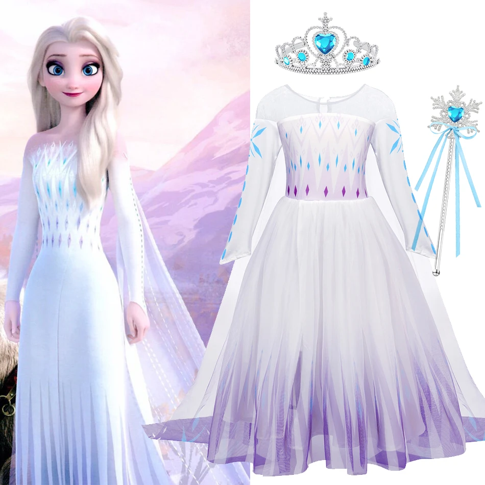 Disney Elsa Girls Princess Dress Kids Snow Queen Cosplay Costume Long Sleeved Elegant Gown Children Carnival Birthday Clothes