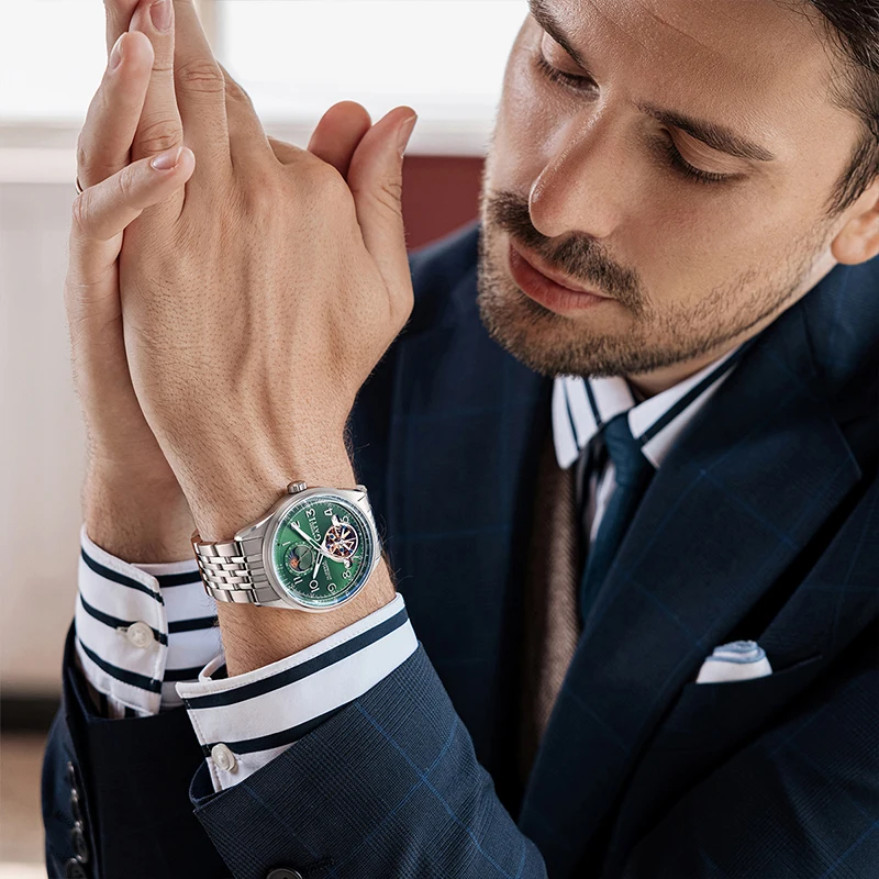 BONEST GATTI ساعة أوتوماتيكية للرجال 42 ملم ساعة يد ميكانيكية ياقوت زجاجي هيكل عظمي قرص مضيء 24 ساعة يوم ليلية