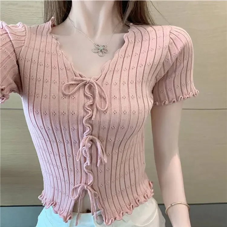Woman TShirts Women\'s Short-Sleeved Tree Lacework White Summer Knitted Short Top Crop Top Mujer Camisetas
