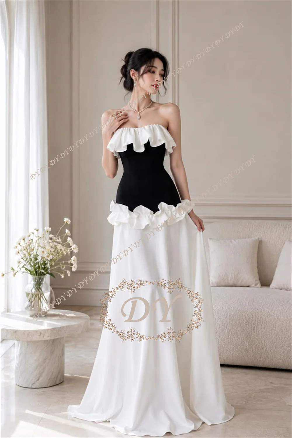 DY Customized Elegant Black White Satin Prom Party Dress Strapless Floor Length A Line Evening Gown Delicate Ruffle For Banquet