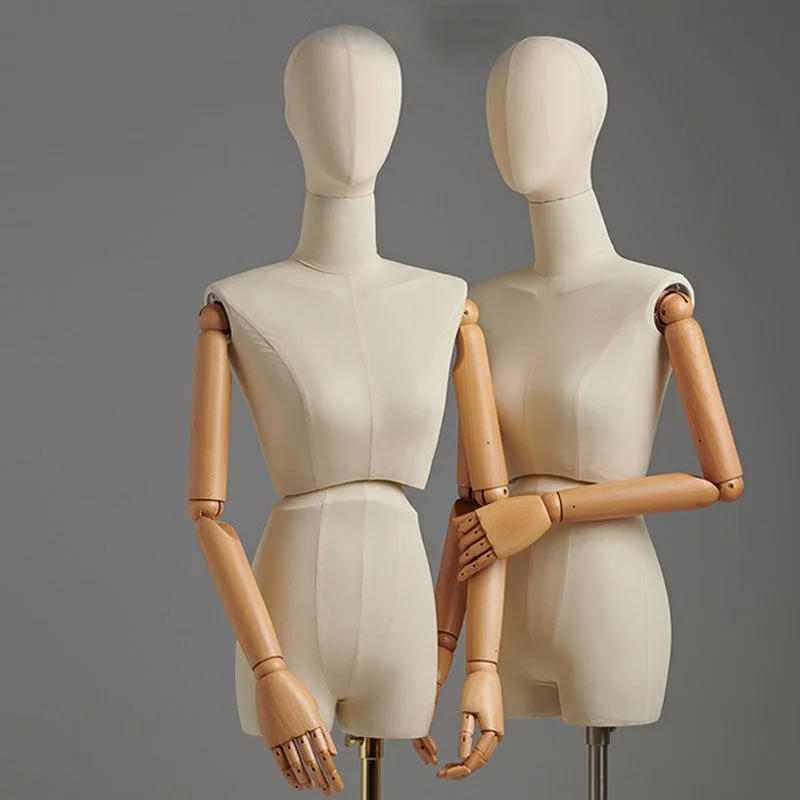 

Wood Arm Fabric Cover Female Half Body Mannequin Metal Base for Wedding Display Twist Split Waist Women Head Adjustable Rack