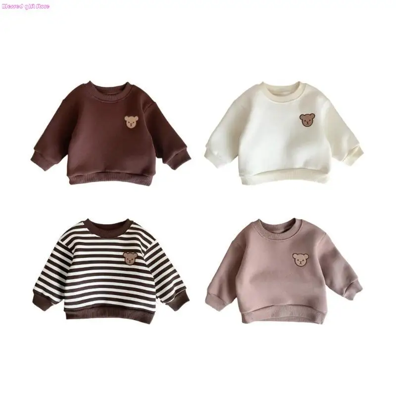 D0JC Baby Warm Outfits Baby Clothes with Bear Pattern Autumn Winter Long Sleeves Crewneck Sweatshirt Boys Girls Pullover Tops