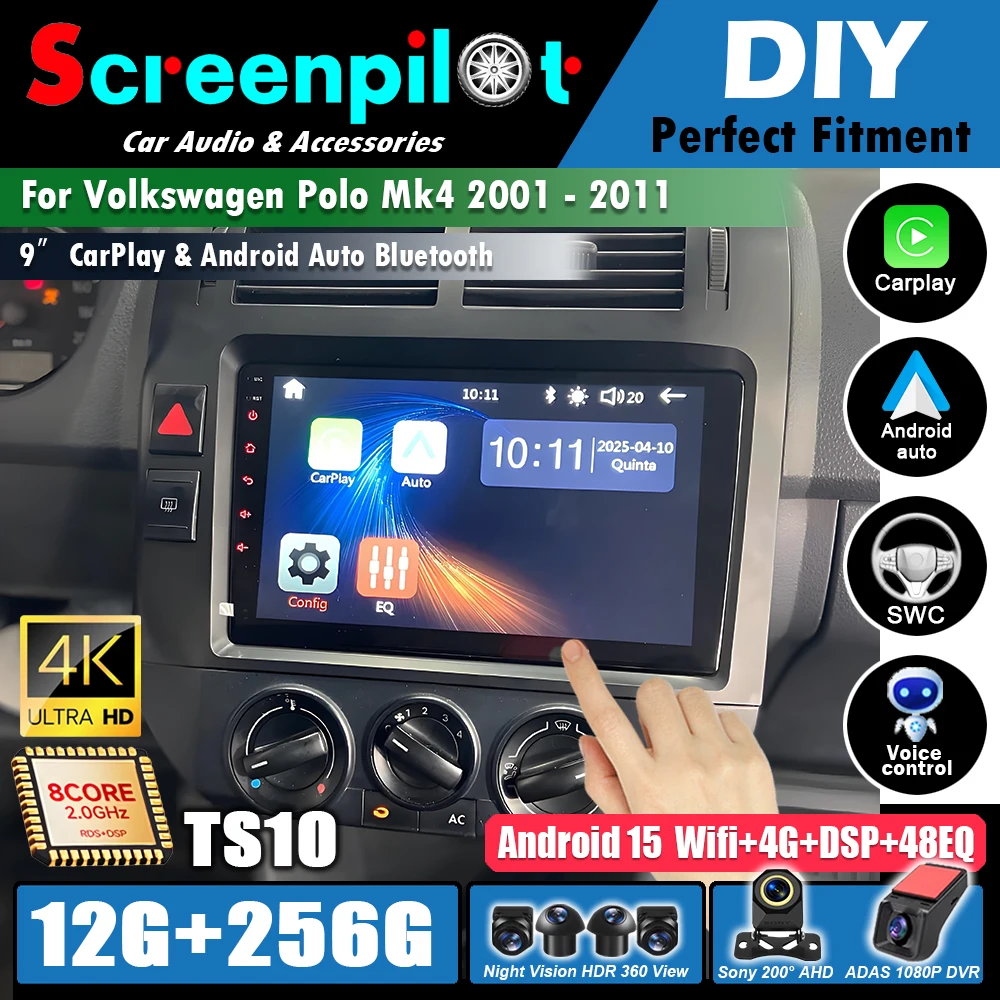 Android 16For Volkswagen Polo Mk4 2001 - 2011 Car Radio WIFI Multimedia Player  Carplay Auto Stereo GPS 2din DSP Head Unit