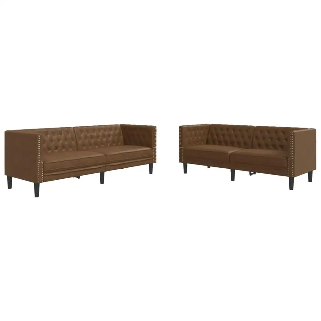 2-Piece Brown Faux Suede Leather Chesterfield Sofa Set - Elegant Living Room Furniture