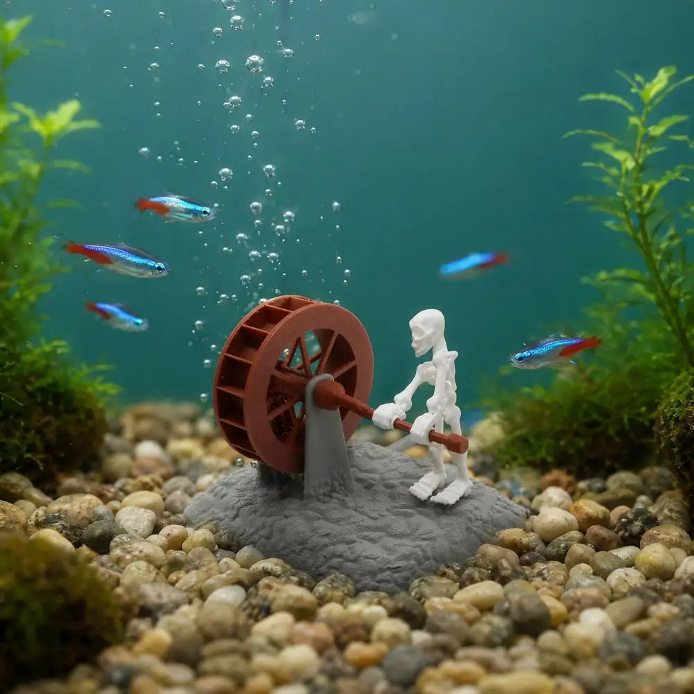 Aquarium Skeleton Decoration Fish Tank Ornament Waterwheel Skeleton Decoration for Fish Tank Spooky Skull Aquarium Ornament