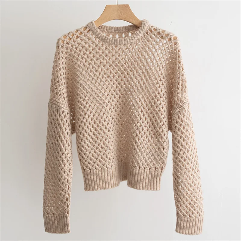 

Women's sweater New elastic knitted slim fit long sleeved top for autumn 2025 Wool blend hollow out pullover round neck Knitwear