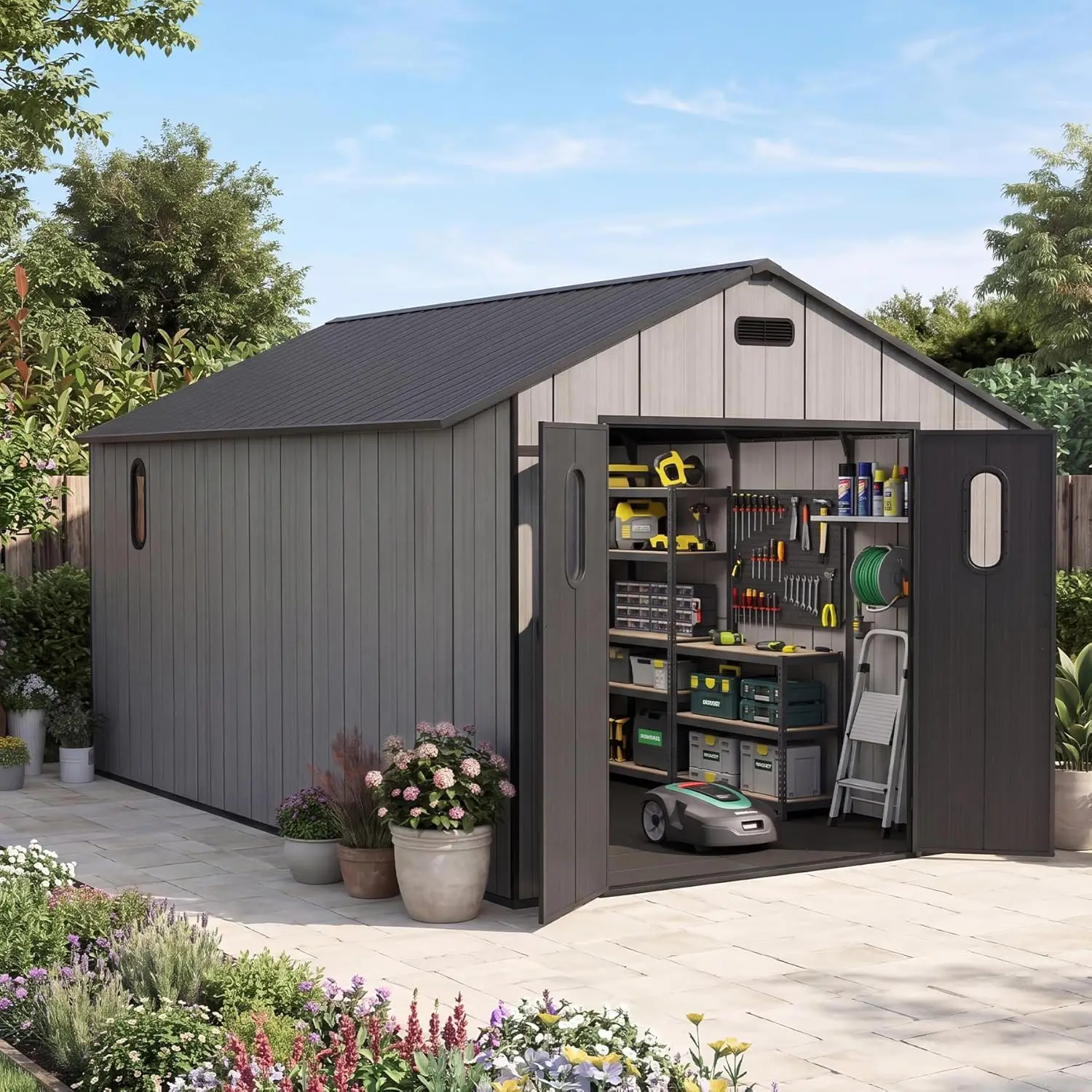 8x16 FT Resin Outdoor Storage Shed with Floor, Plastic Garden Shed, Customized