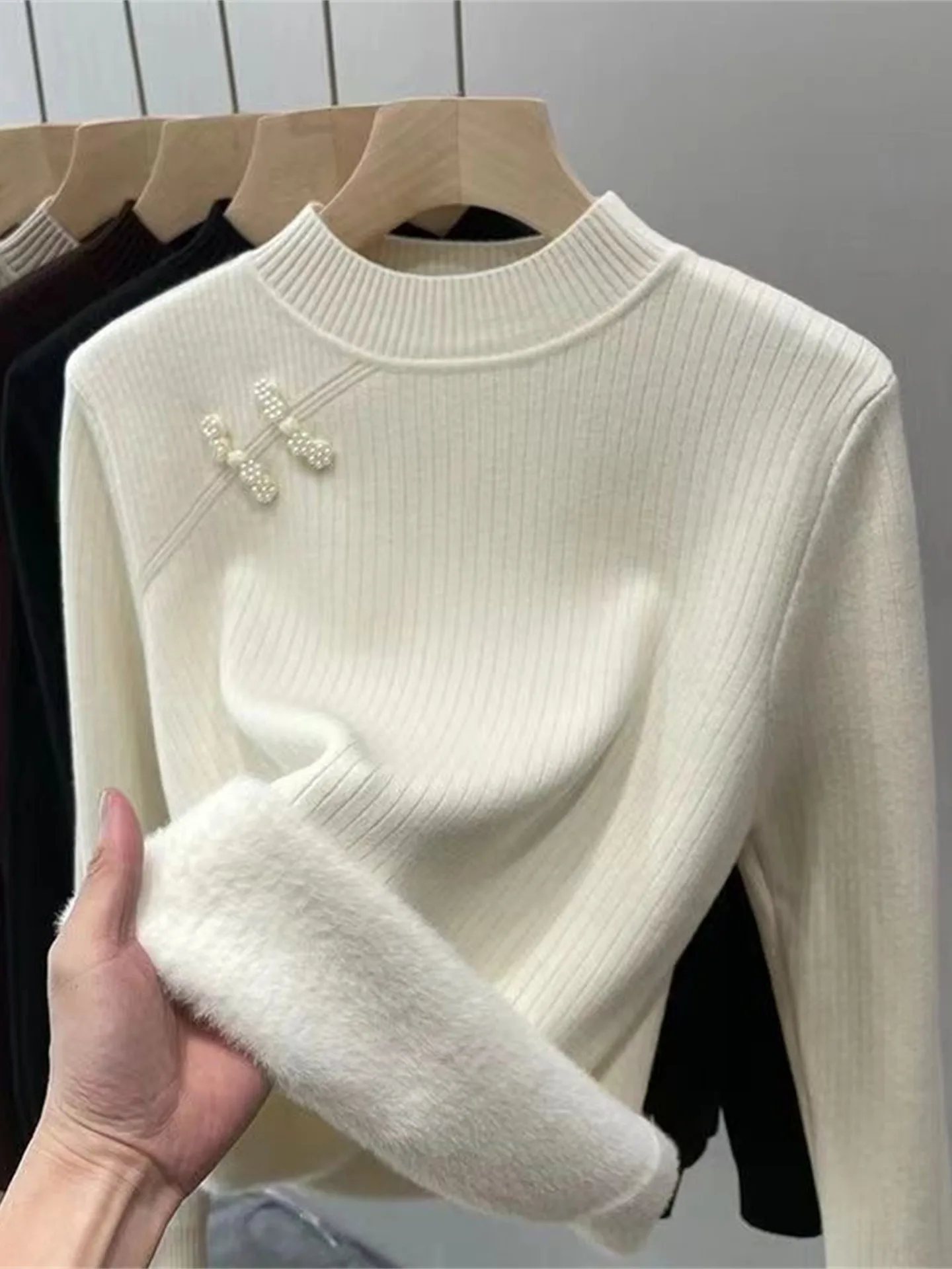 

Thiened китайский женский вязаный свитер, теплый, осень-зима, модный цветной базовый слой, топ с открытым воротником