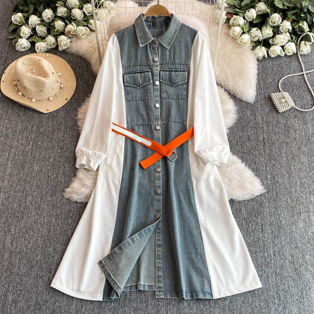 Neploe Elegant Turn-down Collar Long Sleeve Patchwork Mujer Women Lace Up Denim Small Fellow Robe Big Swing Loose Slim Vestidos