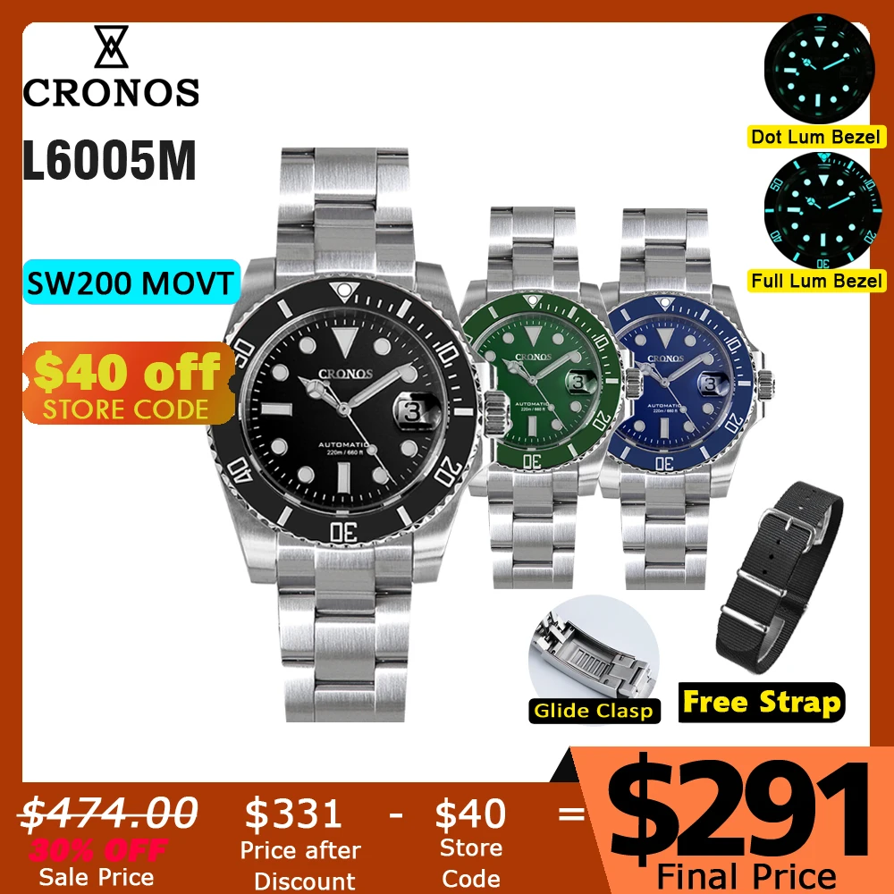 Cronos Sub Diver Luxury Men Watch Stainless Steel SW200 Bracelet Ceramic Rotating Bezel 200 meters Water Resistant Glideclasp