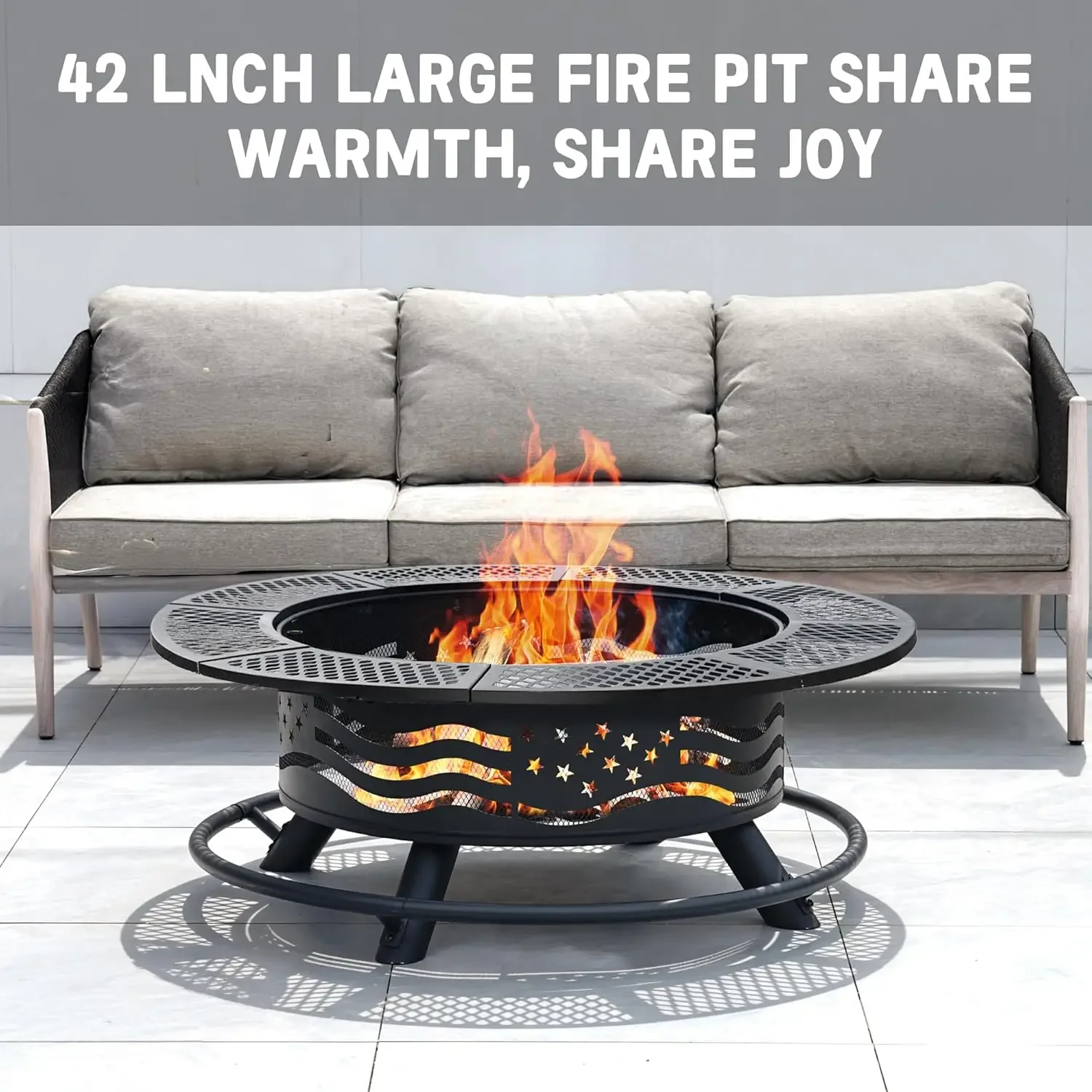 

42 Inch Fire Pit with 2 Cooking Grates, Outdoor Wood Burning BBQ Grill Firepit Bowl with Cover Lid, Steel Round Table