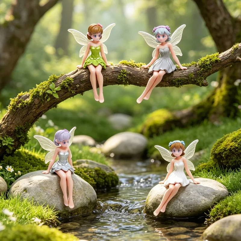 4Pcs Mini Fairy Garden Figurines Cute PVC Fairies with Translucent Wings Micro Landscape Desktop Decor Gift