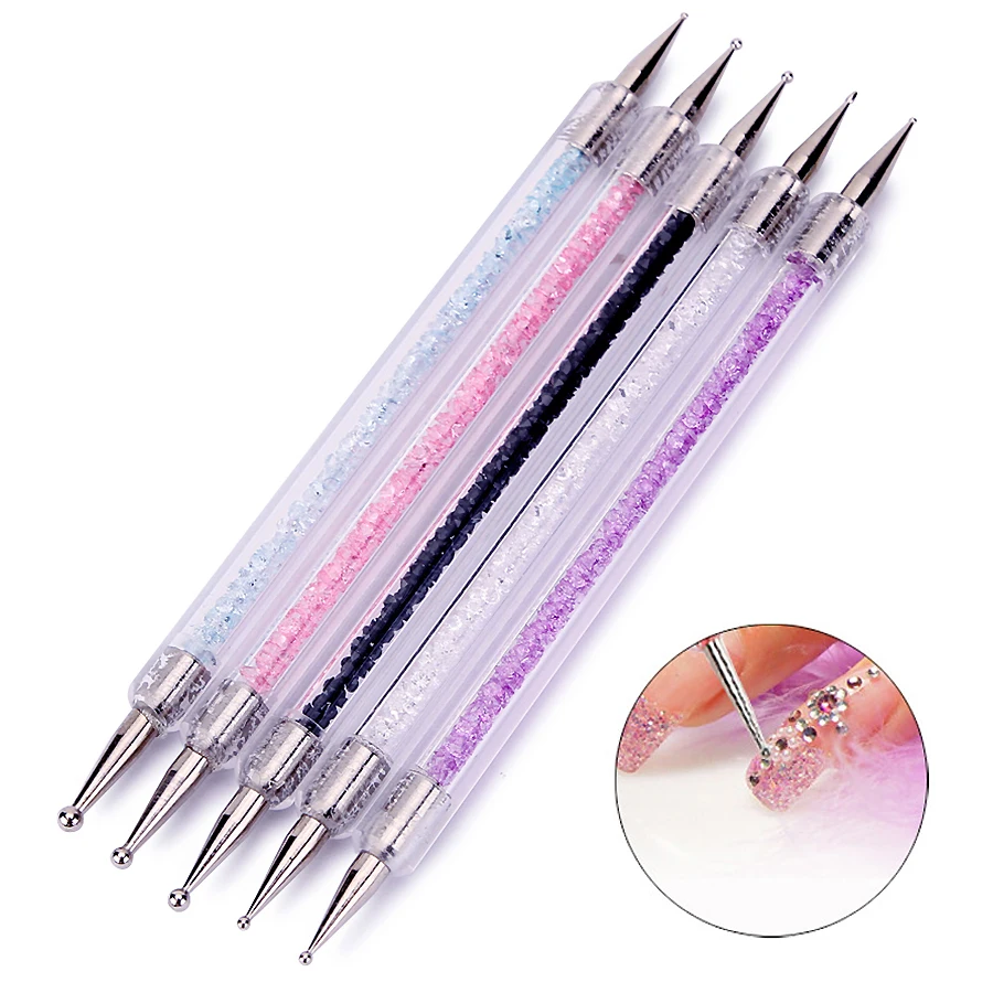 5Pcs Nail Art Dotting Pen Set UV Gel Painting Acrylic Handle 2-Way Brush Rhinestones Crystal Tools for Salon Manicure