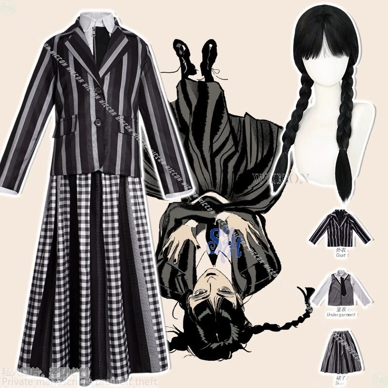 فستان أنيمي Never Movie More للأطفال التنكري JK فستان قوطي رمادي فاتح داكن مخطط منقوش تنورة طويلة زي الهالوين للمدرسة