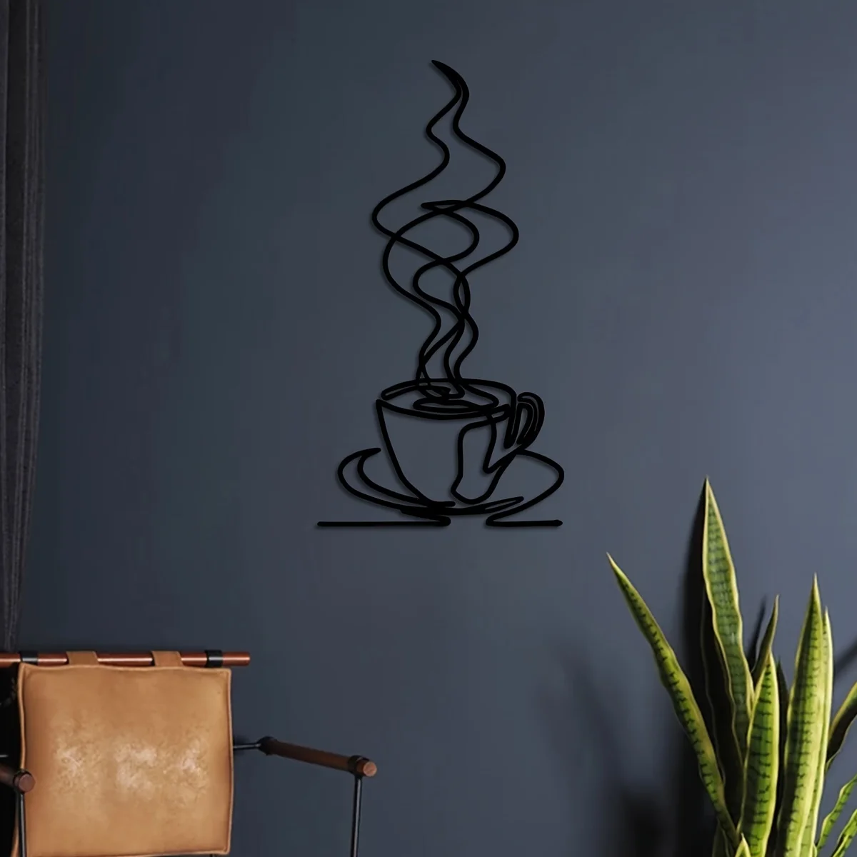 Metal Coffee Cup Wall Art, Swirly Mug of Coffee Minimalist Line Art, Caffiene Lover Gift, Hot Coffee Service for Kitchen Art