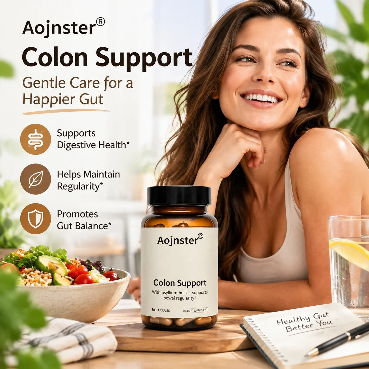 Colon Support Capsules with Psyllium Husk,Dietary Supplement,Supports Bowel Regularity,Digestive Daily Nutritional Support