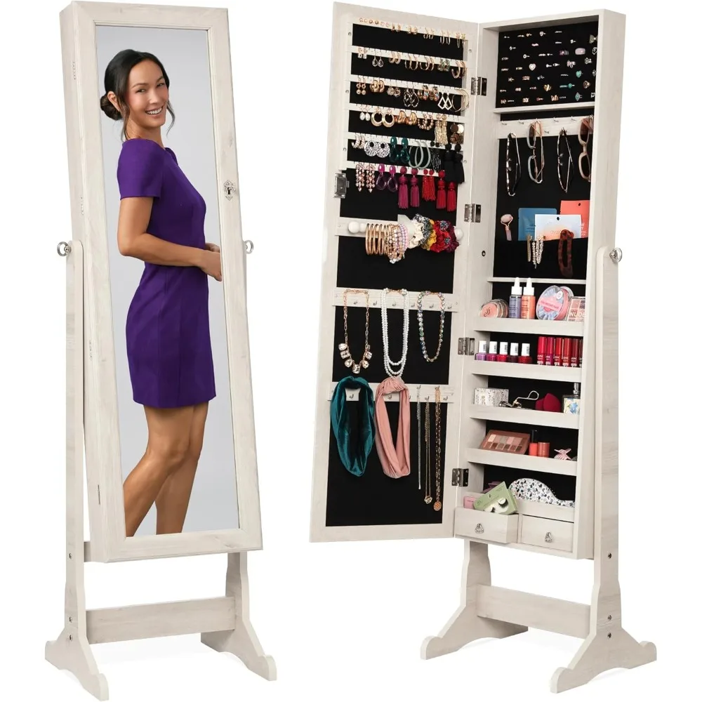 Freestanding Jewelry Armoire Cabinet, Full Length Standing Mirror, Lockable Makeup Storage Organizer, w/Velvet Lining,