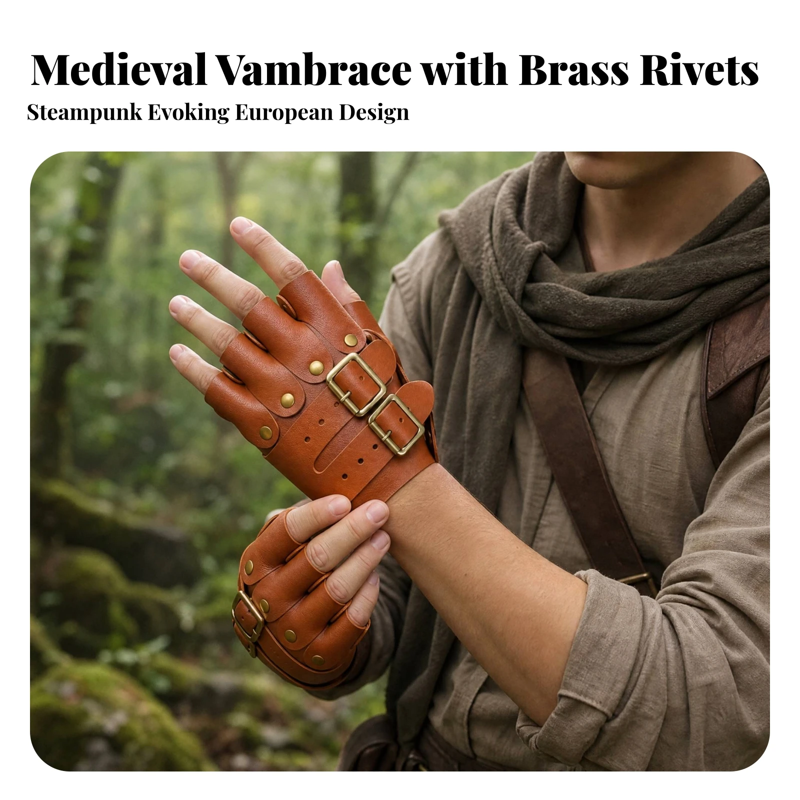 Bracers Larp PU Leather Fingerless Costume Gloves Gauntlets Authentic Looking for Cosplayers, Themed Festivals