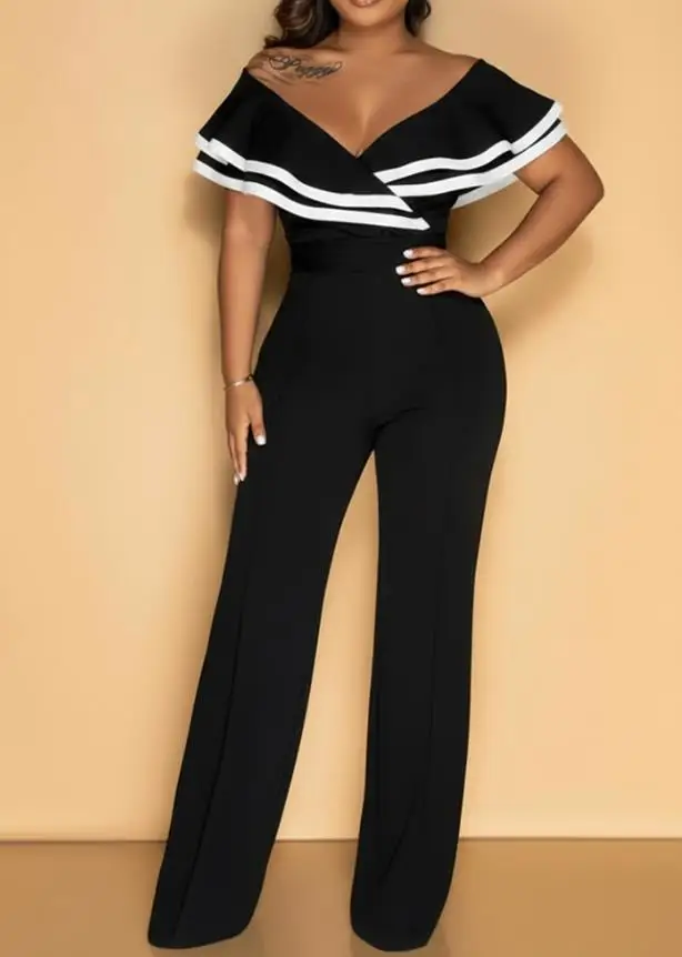 Jumpsuit Women Contrast Trim Double Layer Ruffle Off Shoulder V-Neck Bow Tie Back Overalls Casual Zipper Back Wide Leg Jumpsuit