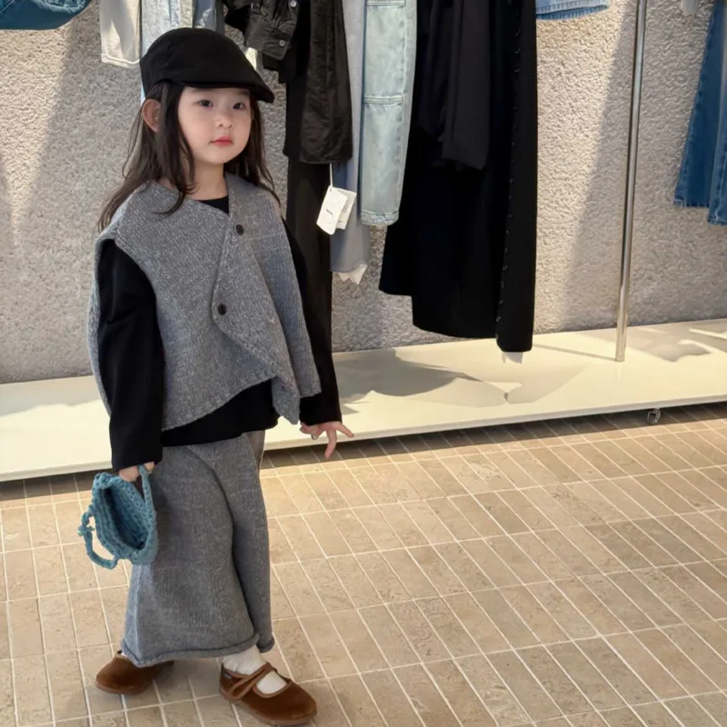 2025-autumn-winter-cotton-girls-children-kid-clothes-causal-knit-vest-wide-leg-pants-two-piece-set-baby-toddler-3-10-years