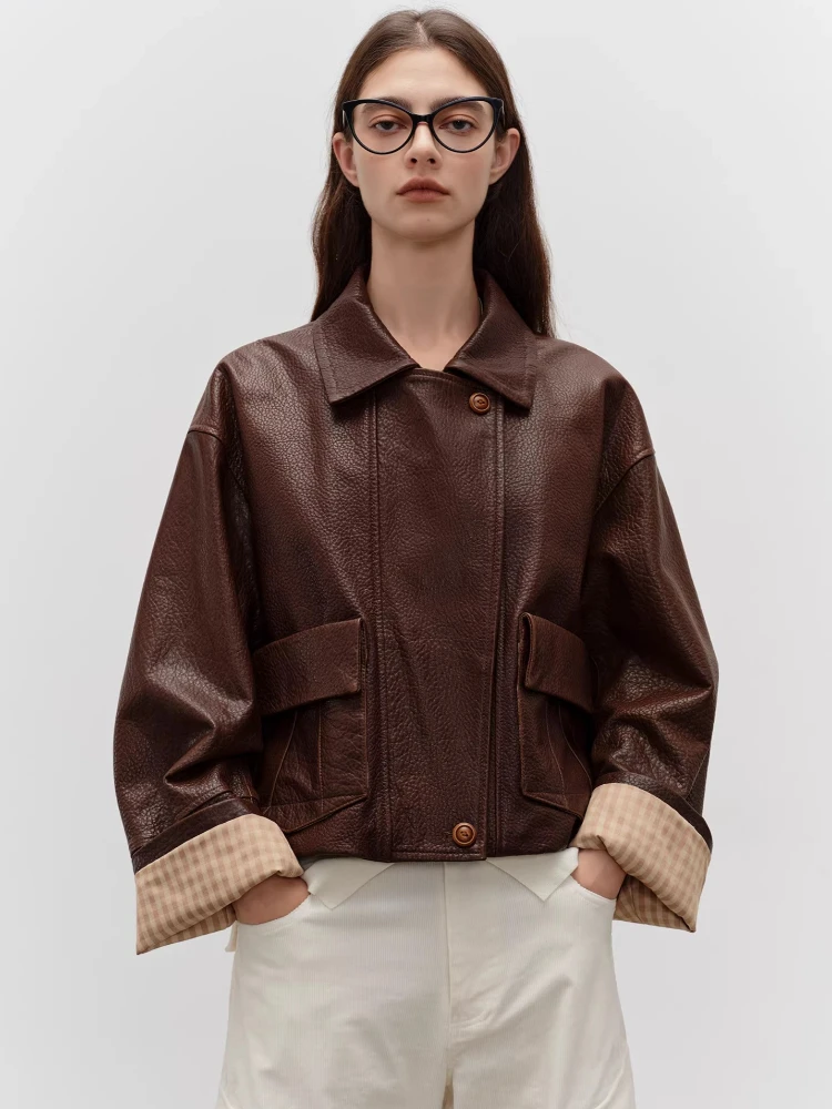 

Casual Short Genuine Leather Jackets for Women Spring Autumn High-end Simple Loose Bubble Texture Oil Wax Real Sheepskin Coat