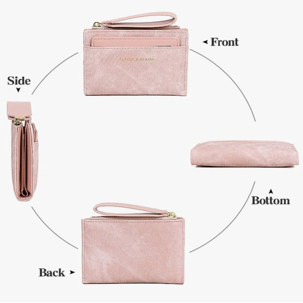 Portafoglio pieghevole in tinta unita con cerniera Porta carte multiple Portafoglio corto da donna classico con bottone a pressione anti-spruzzi Borsa per carte in PU da lavoro