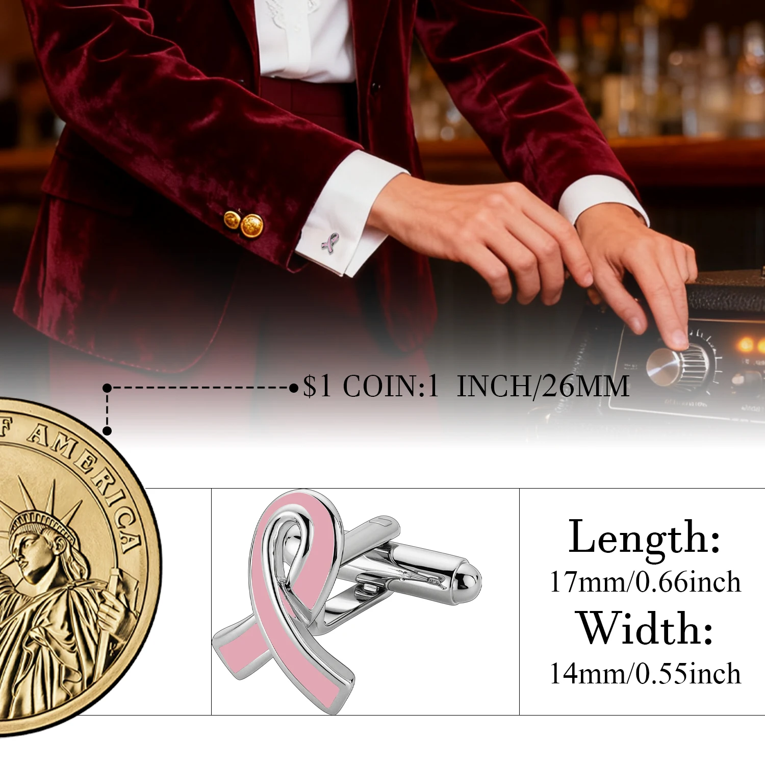 Pink Ribbon Cuff Links Men's Silver Pink Enamel Cufflinks Breast Cancer Awareness Tie Accessory for Charity Events Formal Shirts