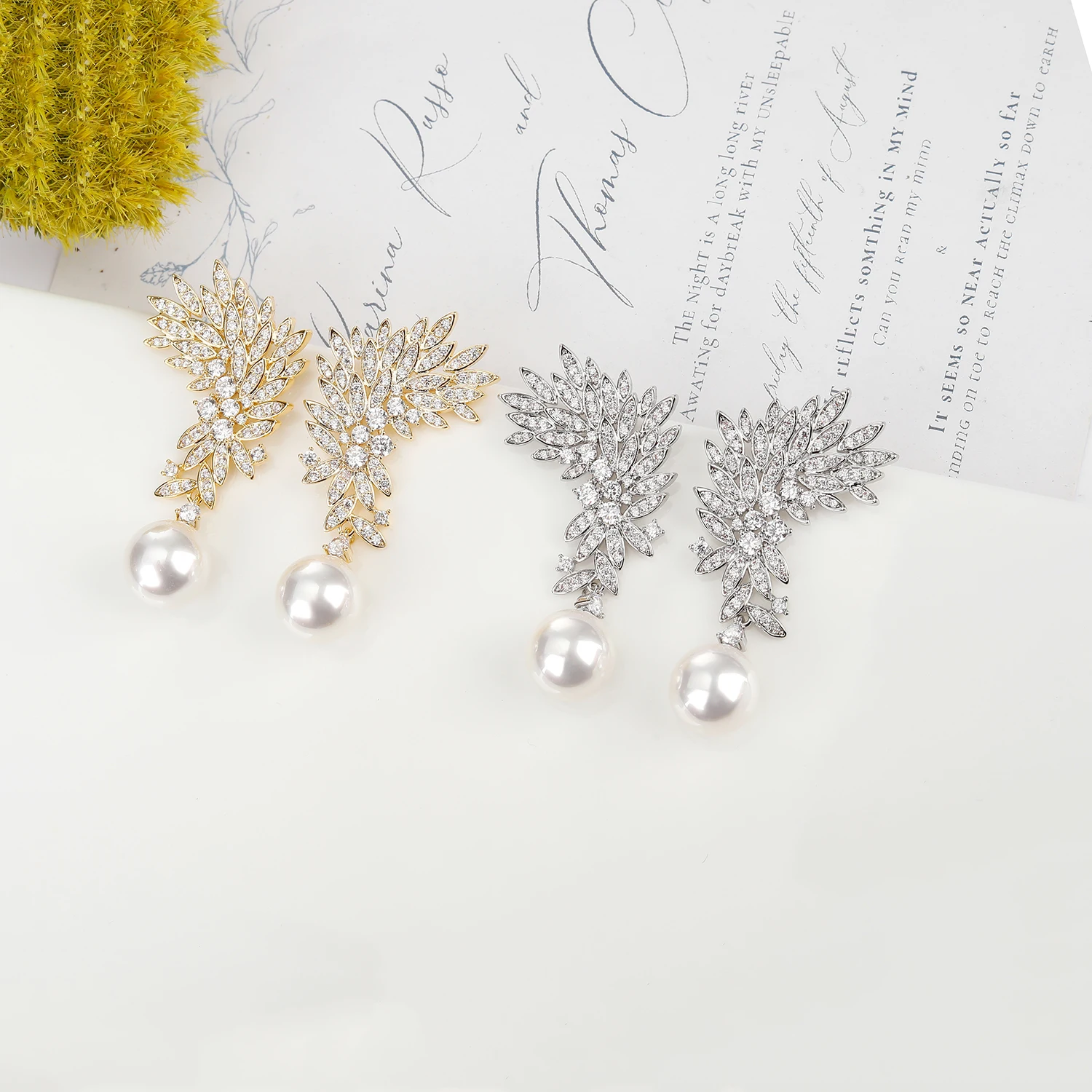 Feather Cubic Zirconia Drop Earring for Wedding, Pearl Prom Dangle Jewelry for Women and Bride CE11894