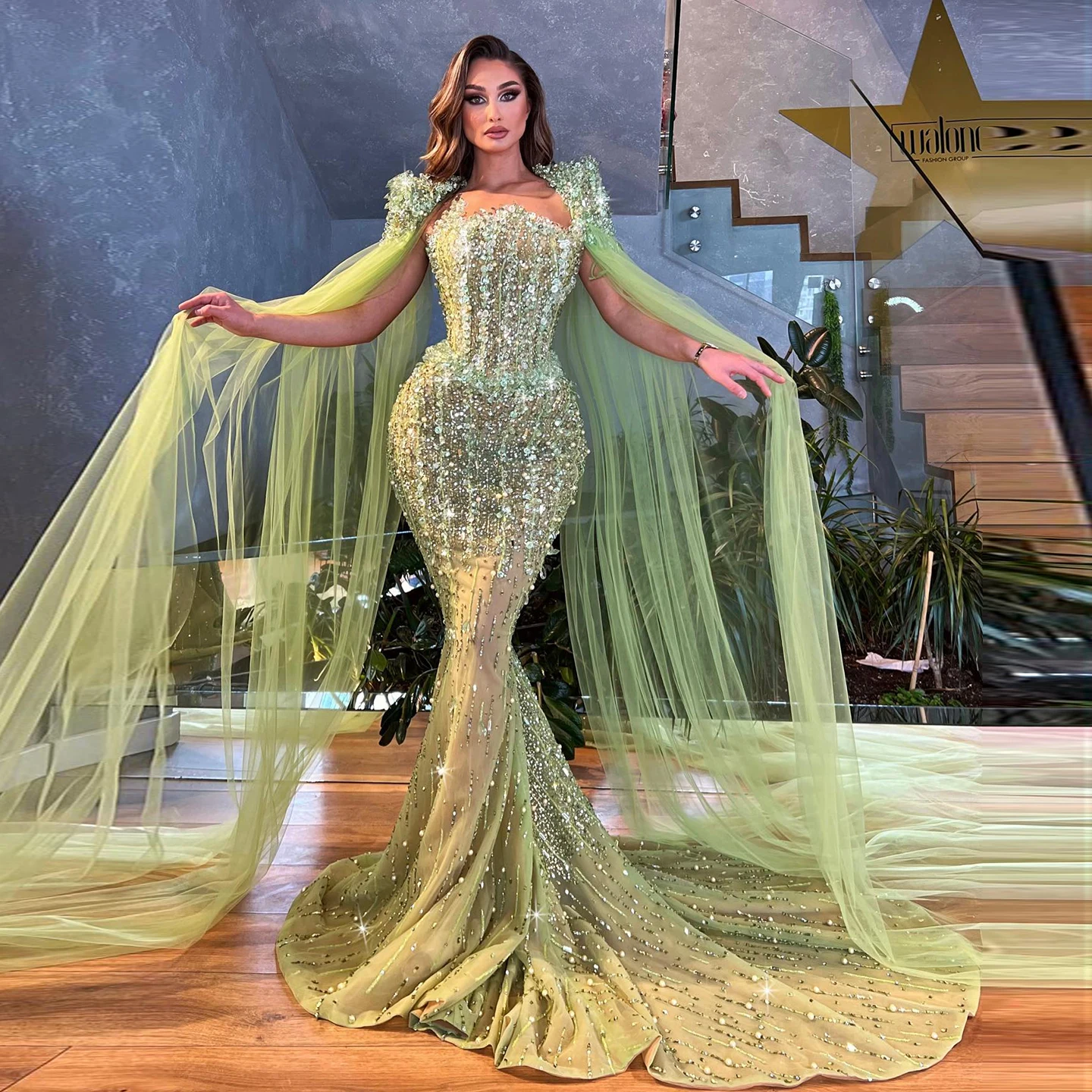 

Sharon Said Luxury Dubai Lime Green Mermaid Evening Dress with Cape Sleeve Arabic for Women Wedding Party Prom SS443 Customized