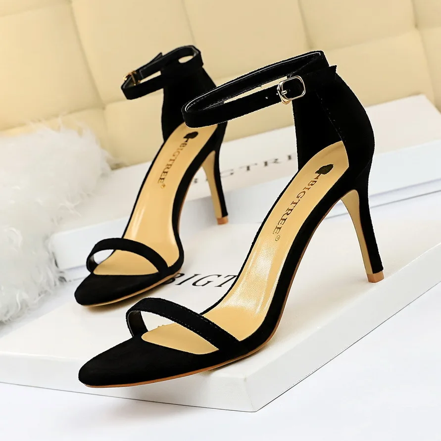 

2024 Fashion Style Sexy Women's Sandals Thin Super Heel Suede Open Toe Stripe Summer High Heels Women Pumps Ladies Wedding Shoes