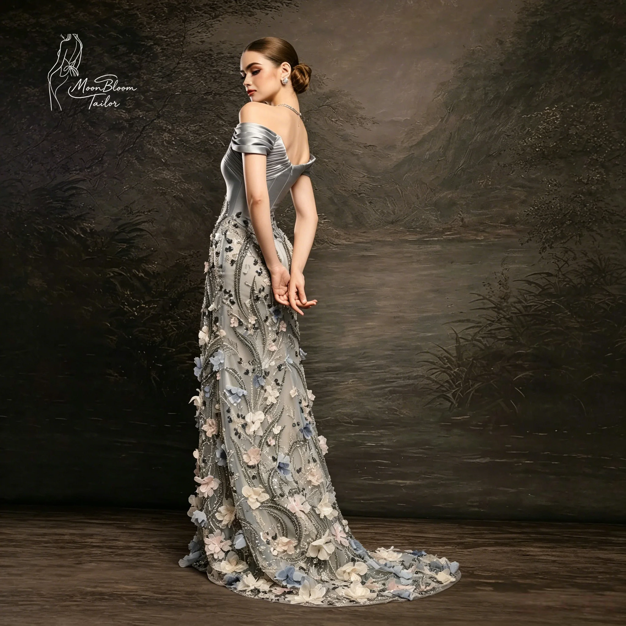 MoonBloom Tailor Slate Gray Off-Shoulder 3D Floral Embroidered Sequin Mermaid Gown | Custom Evening/Prom/Wedding Guest Dress